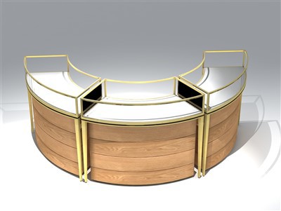 Arcadian Luxe modulāra izliekta juvelierizstrādājumu vitrīna ar slāņveida ozolkoka paneļiem un zeltītu metāla rāmi